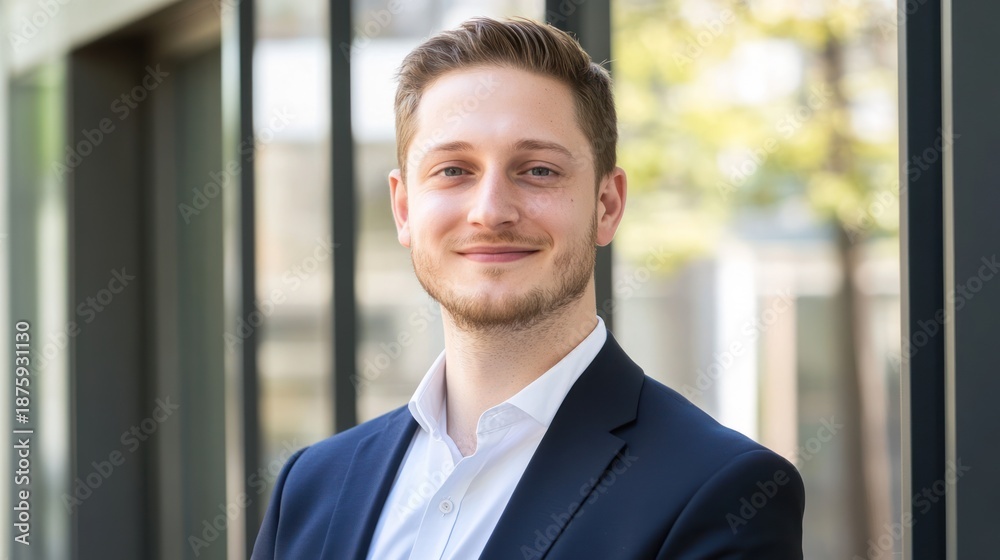 portrait of a young professional man radiating confidence and approachability in an urban setting with natural lighting and architecture