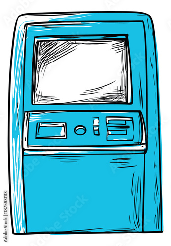 Hand drawn illustration of an ATM machine depicting financial services for banking and money transactions