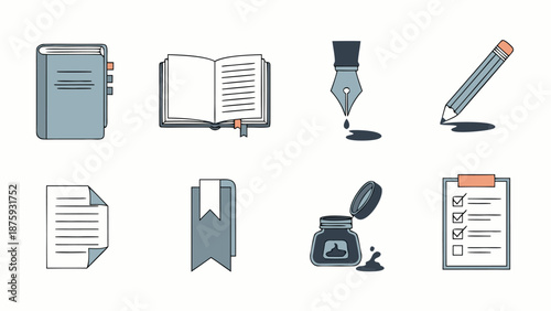 Collection of flat design icons representing writing and stationery elements