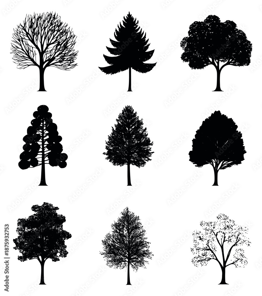 Fototapeta premium Graphic tree set featuring various tree types for nature-themed designs