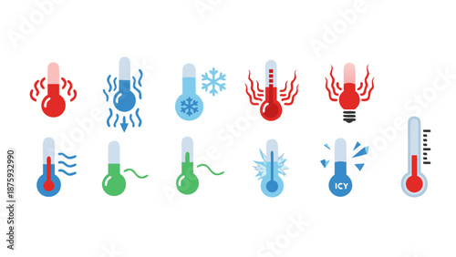 Collection of thermometer icons showing various temperature states and weather conditions