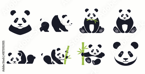 Collection of cute panda bears in various poses and activities, illustrated in a simple style