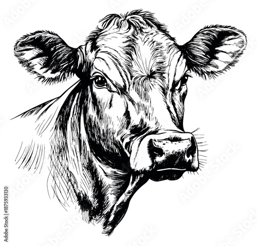 Hand drawn line art illustration of a cow head depicting a detailed portrait for agriculture and food concepts