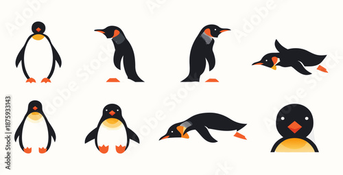 Collection of cute cartoon penguins in various poses and actions