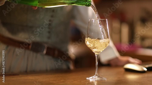 Close up of white wine being poured into a glass from a green bottle, warm light and elegant restaurant mood