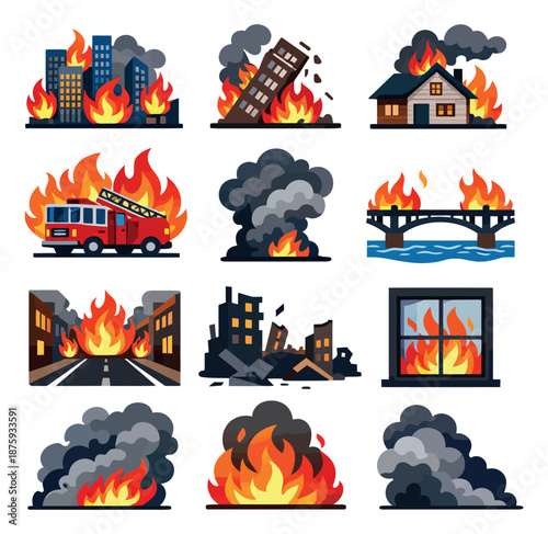 Cartoon fire and disaster elements set featuring burning buildings, a fire truck, and smoke for emergency and disaster concepts