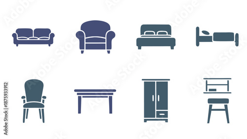 Collection of simple flat design furniture icons in dark blue