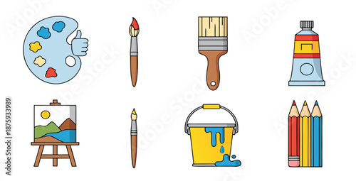 Collection of colorful art supplies and painting tools on a white background