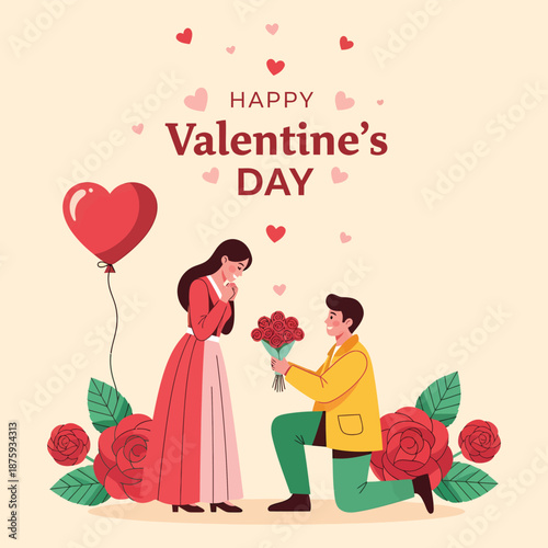 Valentine's day illustration of romantic couple with flowers and heart balloon