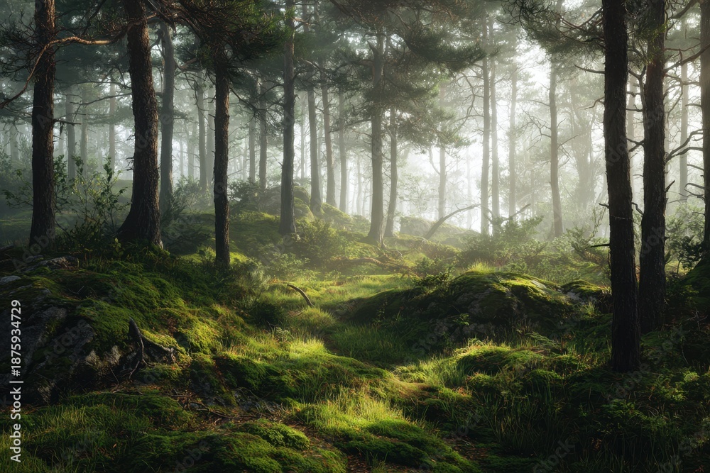 Fototapeta premium Misty forest with sunlight illuminating mossy ground