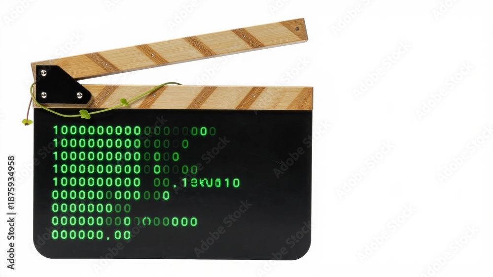 Fototapeta premium A filmmaking clapperboard displays glowing green digital code on its surface