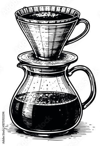 Hand drawn line art illustration of a pour over coffee maker depicting fresh coffee brewing for a cafe
