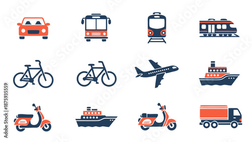 Collection of diverse transportation icons including cars, buses, trains, planes, and boats