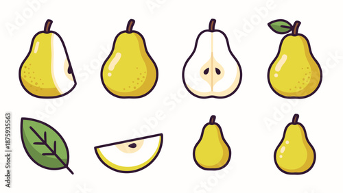 Collection of stylized yellow pears and a green leaf in a flat design style