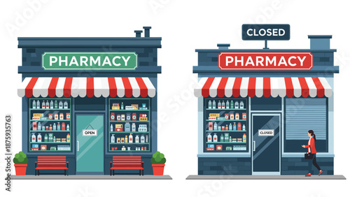 Flat vector architectural illustration showing a modern pharmacy storefront in both open daytime and closed nighttime conditions side by side.