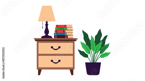 Cozy home interior illustration featuring a wooden bedside table with a lamp and books next to a lush green potted plant on white.