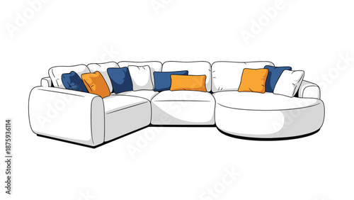 Modern white sectional sofa with a large curved end is accented with stylish blue and orange decorative throw pillows.