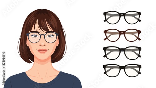 Portait of a young woman wearing glasses is accompanied by a selection of different eyewear frames to choose from.