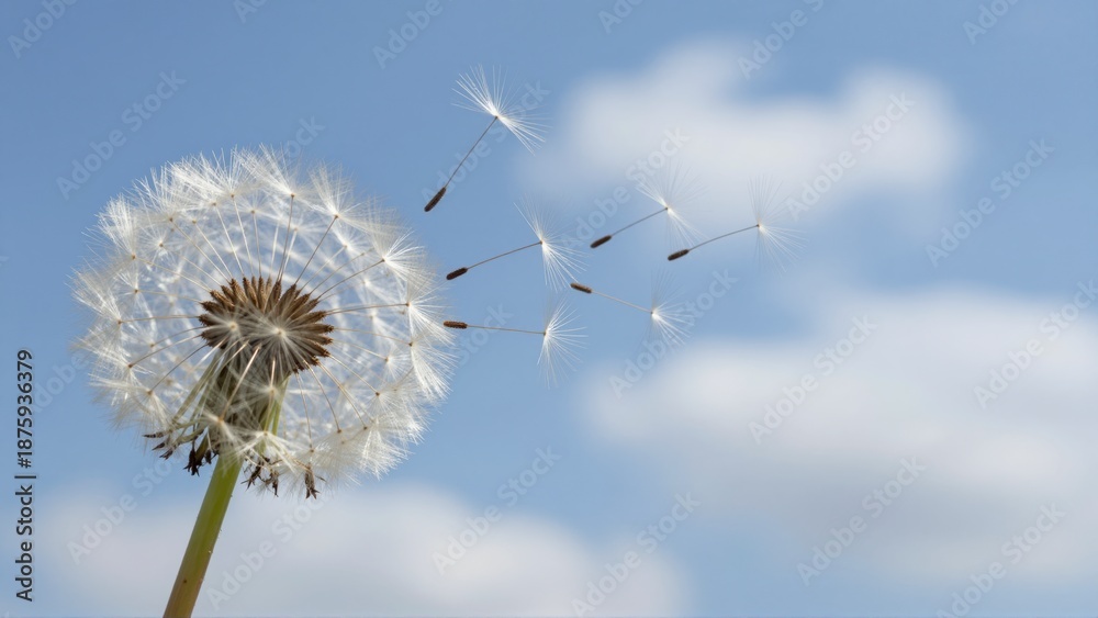 Obraz premium Dandelion seed heads blowing in the wind against a soft blue sky with clouds