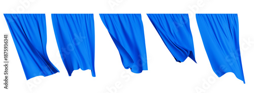 Blue curtain. Different textile drapery. Silk or velvet texture. Luxury home window interior. Hanging cloth vintage. Realistic isolated elements. Vector set