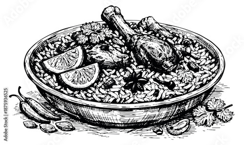 Hand drawn line art illustration of chicken biryani depicting rice, chicken, and spices in a bowl for restaurant menus