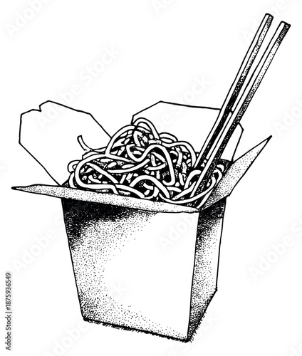 Hand drawn line art illustration of a noodle box with chopsticks depicting a ready meal for fast food concepts