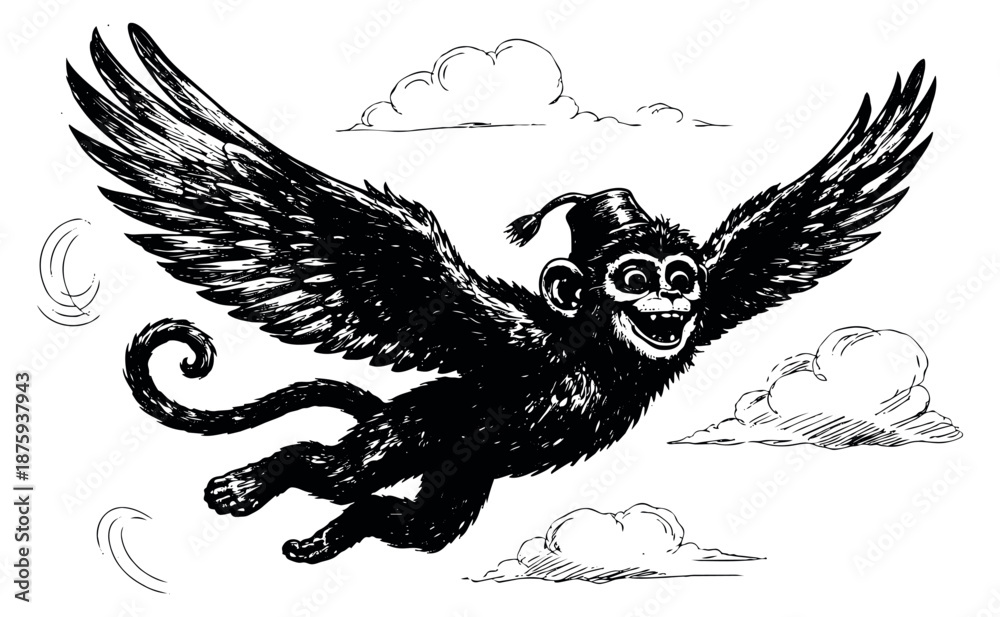 Fototapeta premium Hand drawn line art illustration of a winged monkey joyfully flying for fantasy or adventure themes