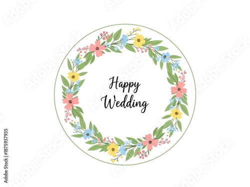 Elegant floral wreath with 'Happy Wedding' text, a beautiful graphic concept for celebrating love, new beginnings, and joyous matrimonial occasions