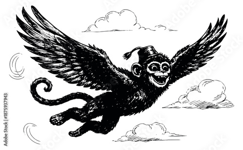 Hand drawn line art illustration of a winged monkey joyfully flying for fantasy or adventure themes