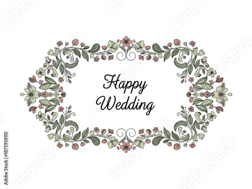 Beautiful floral frame with the text 'Happy Wedding' making it perfect for wedding invitations or decorations