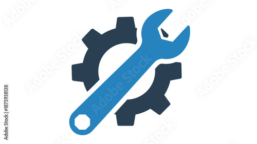 A blue wrench is positioned over dark gray gears representing maintenance and mechanical processes