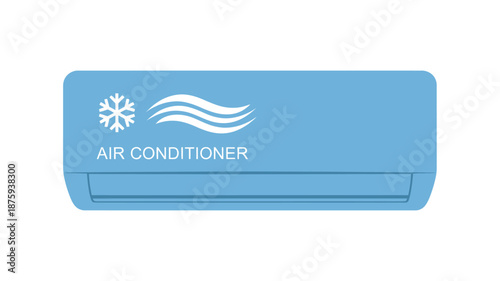 A simple illustration of a light blue wall mounted air conditioner unit with icons
