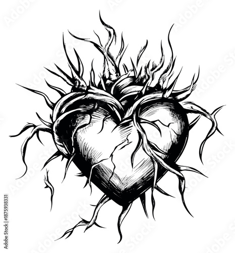Hand drawn illustration of a thorny heart depicting suffering and sacrifice for symbolic themes