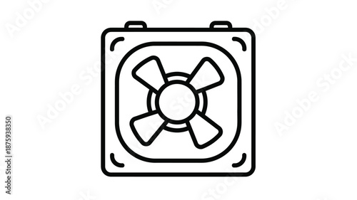 Simple black and white line drawing of a square computer cooling fan with angled blades