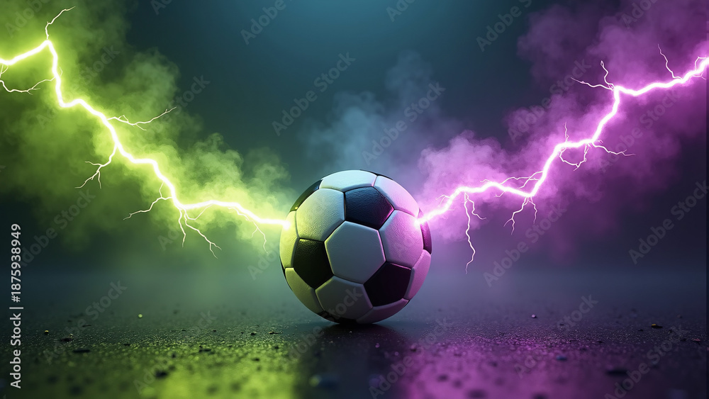 Fototapeta premium Soccer ball blazes on wet floor—yellow-green and pink-purple lightning split through center, mist swirls, dark stage pulses with surreal energy and electrified anticipation. 