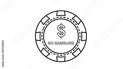 A black and white illustration of a casino chip with a dollar sign and text