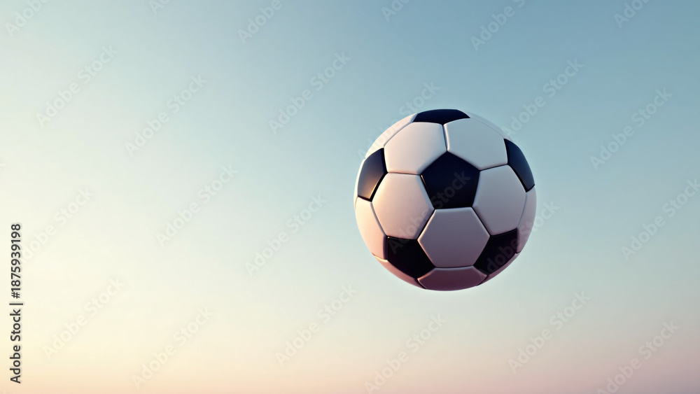 Fototapeta premium A classic soccer ball floats midair, centered in a beige-blue sky. The scene feels weightless and poised—an elegant moment of motion suspended, geometry meeting atmosphere in quiet athletic grace.