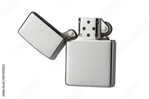 Open metal lighter showing internal mechanics on transparent background