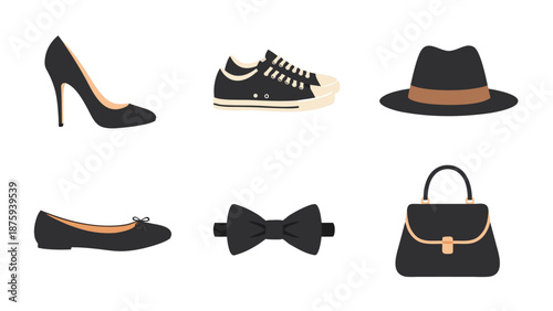 Collection of black fashion accessories including shoes, hat, handbag, and bow tie