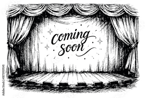 Hand drawn line art illustration of a theater stage depicting 'coming soon' lettering for promotions and announcements