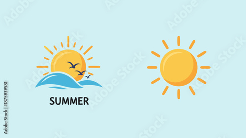 Summer sun and waves with birds flying, contrasted with a simple sun icon