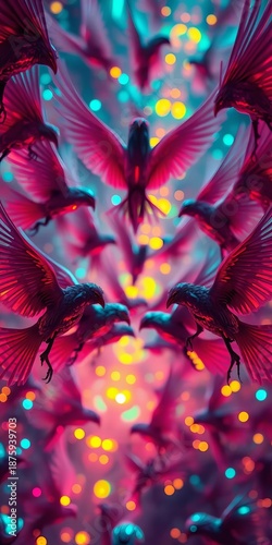 A kaleidoscope of winged beings in a synthetic dawn, a radiant chorus of delight,  intricate plumage,  artistic creation