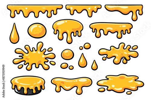 Cartoon sweet liquid set featuring honey drips and splatters for food design