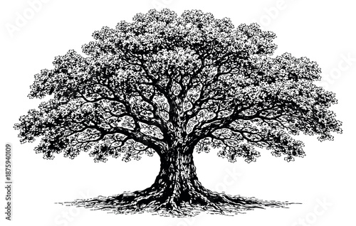 Hand drawn line art illustration of a majestic tree depicting its full canopy and strong roots for natural design