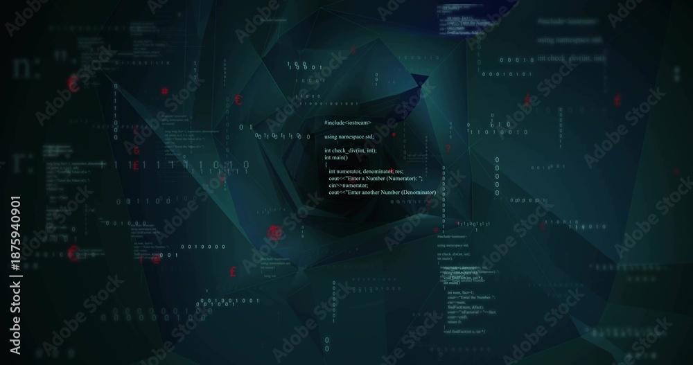 Fototapeta premium Rotating central spiral drawing viewer inward in virtual data field with code, binary, red glyphs