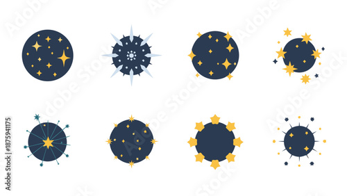 Collection of stylized celestial bodies with stars and cosmic elements