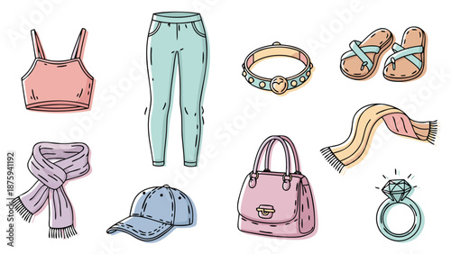 Collection of cute hand-drawn fashion accessories and clothing items for women