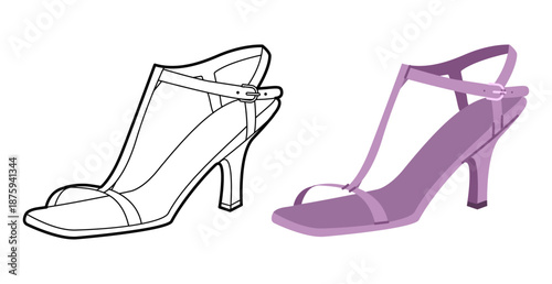 T bar sandal women purple heel flat plus line set. Strappy dress footwear for party, holiday trip beach evening. Technical fashion illustration, CAD mockup, mixed vector men unisex isolated chic style