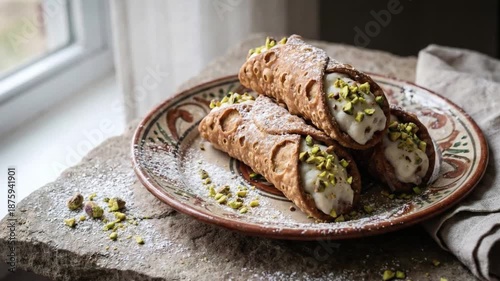 Sicilian Cannoli Filled With Ricotta and Pistachio Crumble