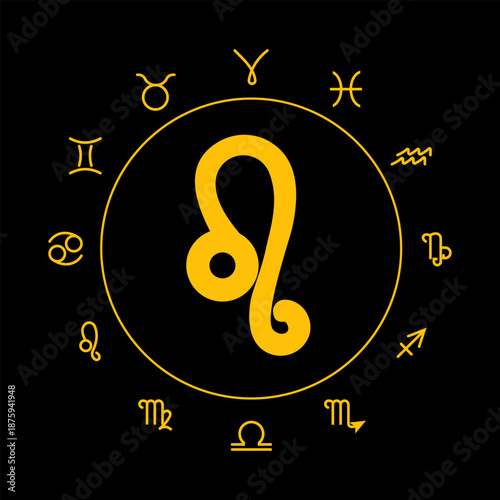 Leo zodiac symbol with astrological signs in golden line style on black background
